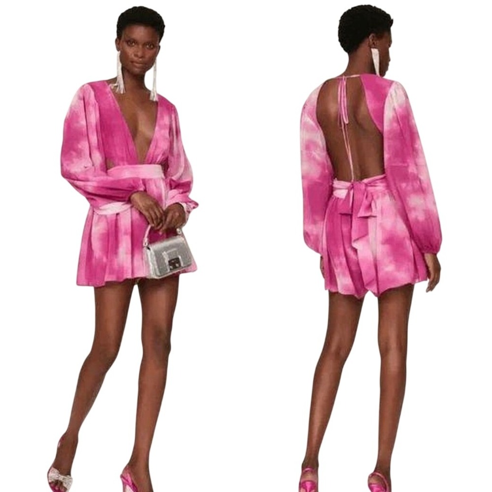 Toccin x RTR Romper Pink Women 4 Tie-Dye V-Neck Long Sleeve Mini Belted